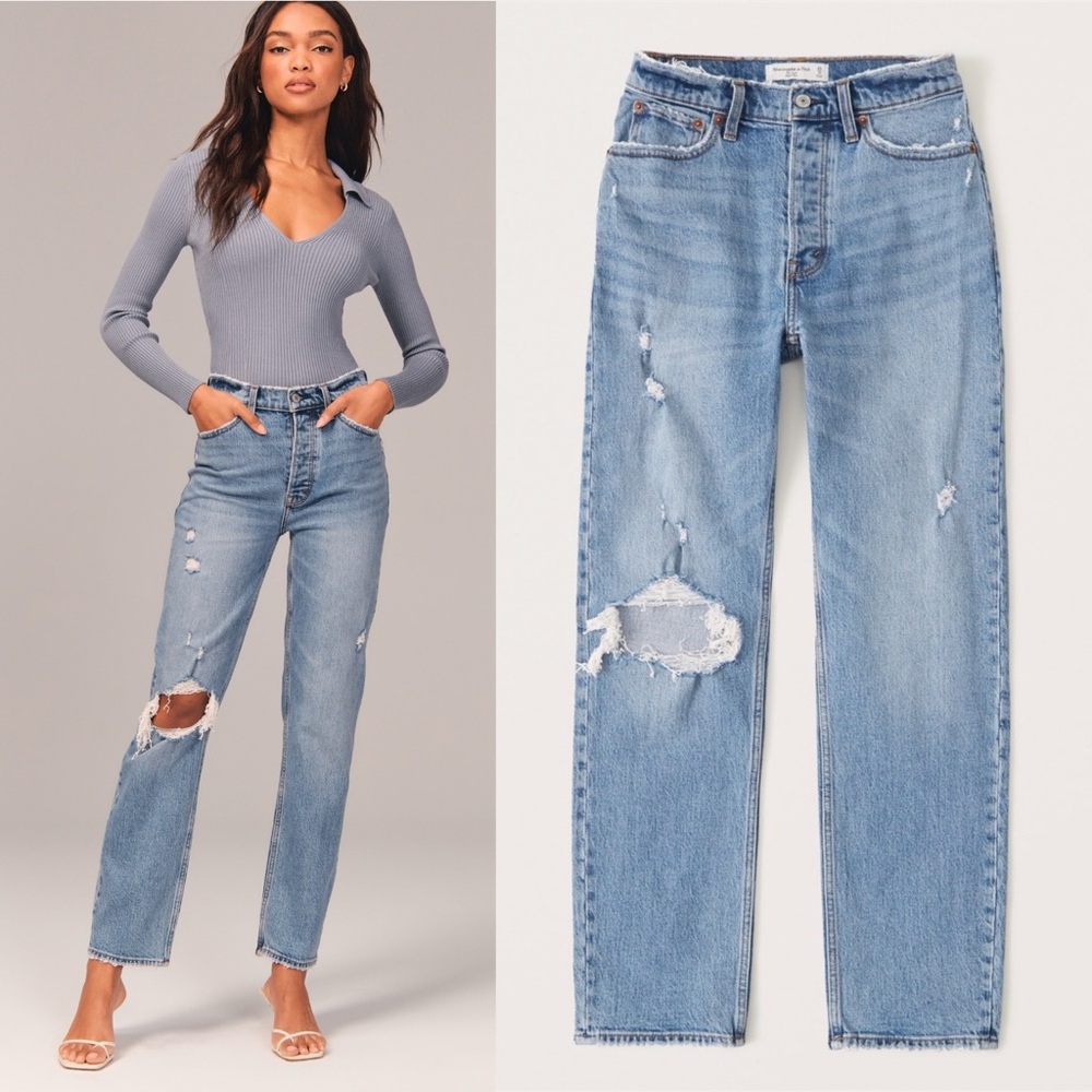 Abercrombie & Fitch High Rise Dad Loose Straight Leg Jeans Distressed